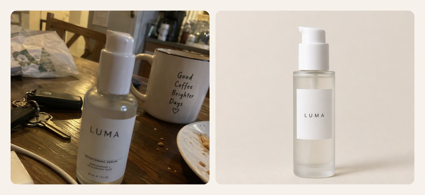 La même bouteille photographiée sur une table encombrée, puis proprement sur fond uni