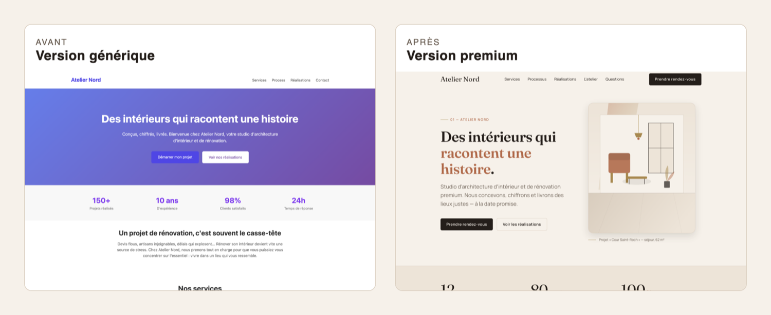 Atelier Nord — à gauche un site générique, à droite un site premium dirigé