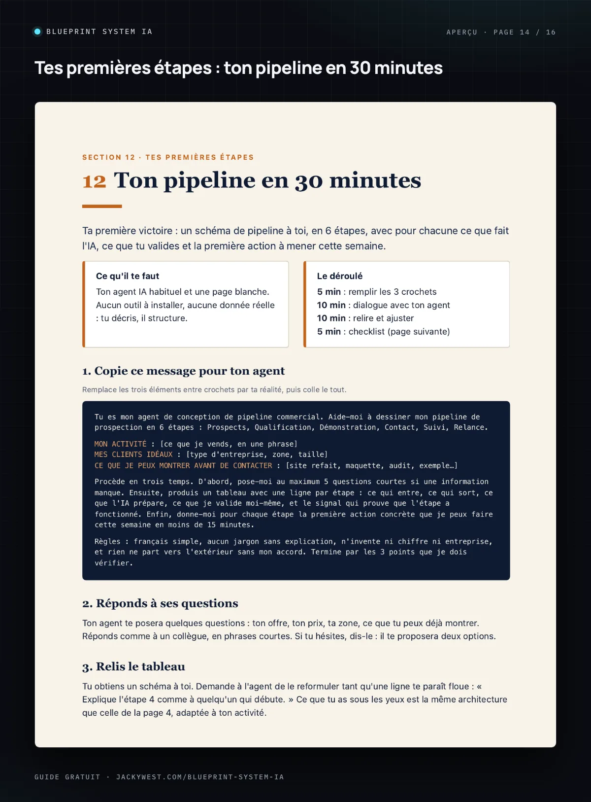 Page de démarrage : le message à copier pour ton agent IA et le déroulé en trois temps